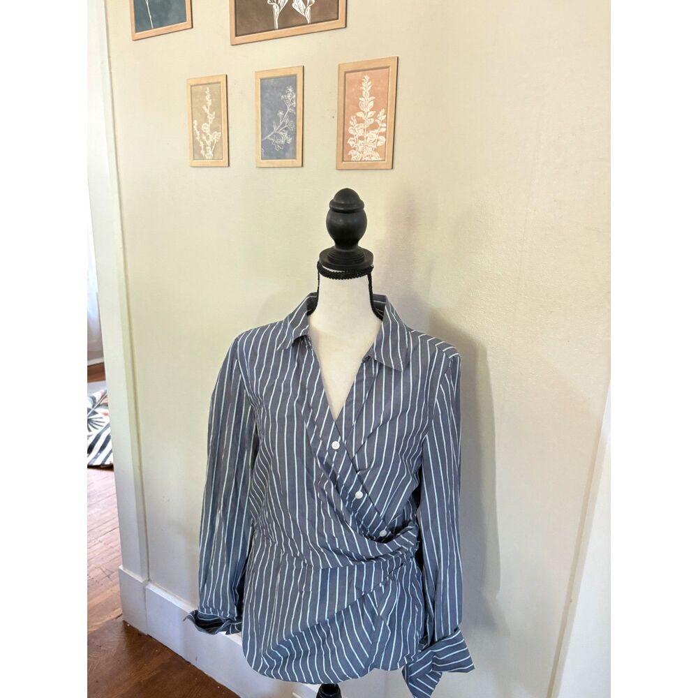 LOFT Blue & White Stripe Wrap Blouse | Size 6 | Tie Waist Peplum Top